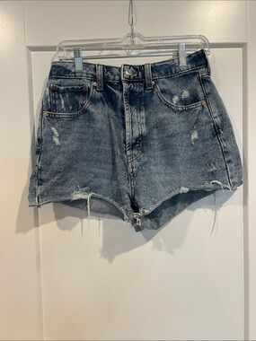 High-Waist Distressed Denim Shorts - Blue